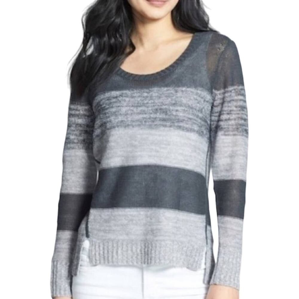 Eileen Fisher Organic Linen Bold Striped Crewneck Semi Sheer Sweater Grey Small